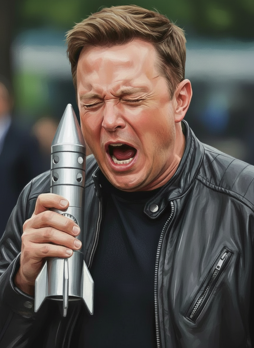 AI-generated satirical illustration of Rocket Tech Billionaire